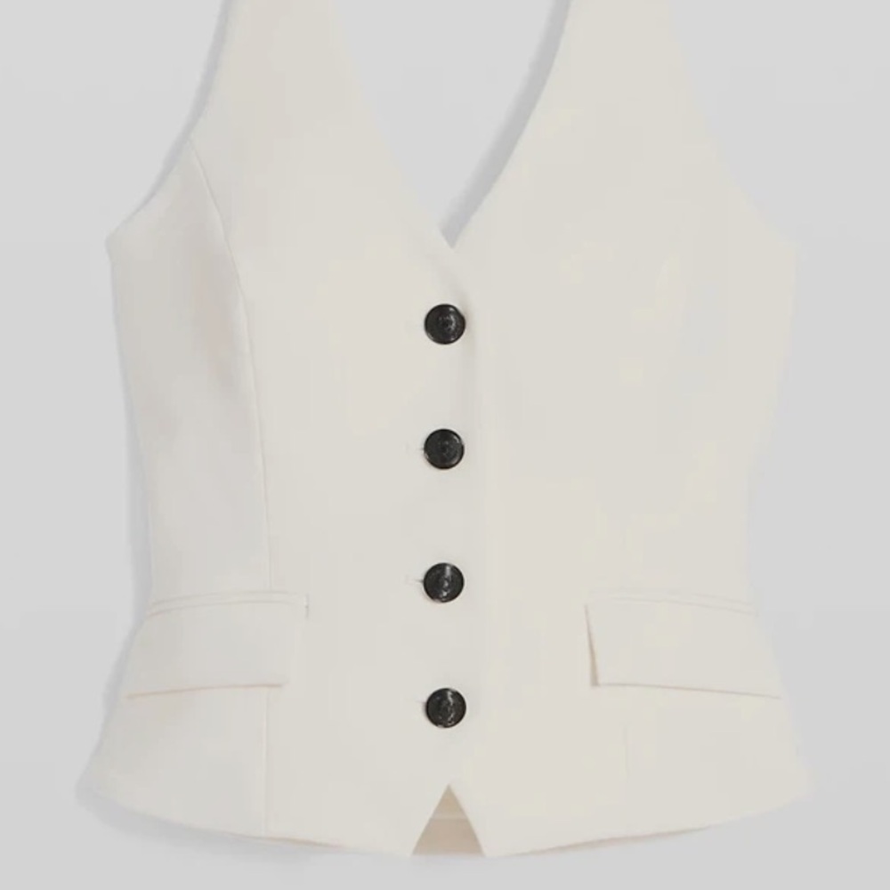 White House Black Market Cream Halter Vest with Black Buttons